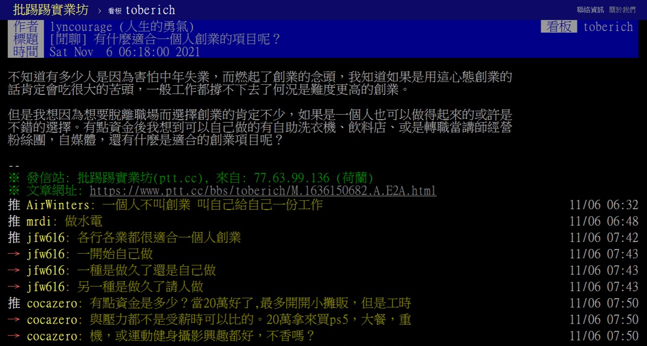 一人創業PTT網友怎麼說